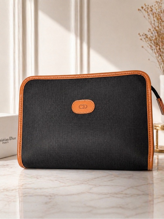 Dior Handbags - Vintage Christian Dior Clutch Black Canvas CD Logo Leather Trim Zip Pouch